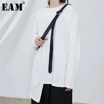 

[EAM] Womenw White Brief Asymmetrical Big Size T-shirt New Round Neck Long Sleeve Fashion Tide Spring Summer 2020 1T233