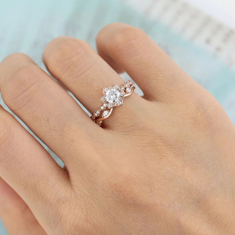 CxsJeremy Moissanite Engagement Ring set Unique Flower 14K 585 Rose Gold 0.5ct Round Vintage Eternity Marquise Wedding Band - Image 5