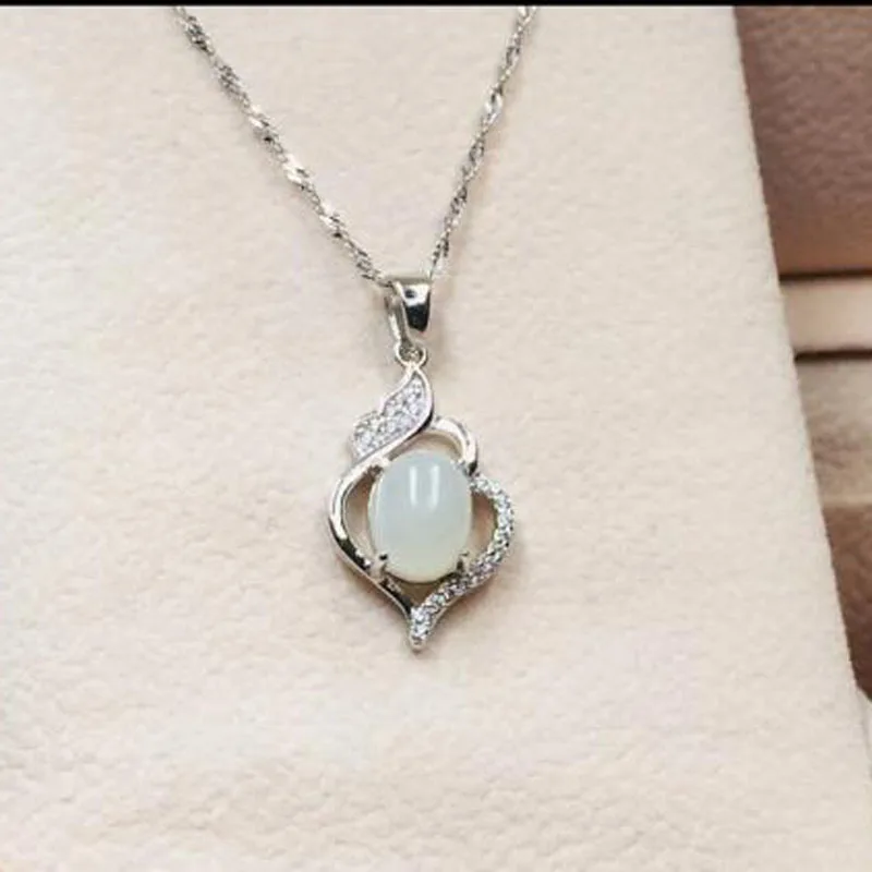 925 Silver Natural White jade pendants simple fine jewelry Zircon for women party Necklace