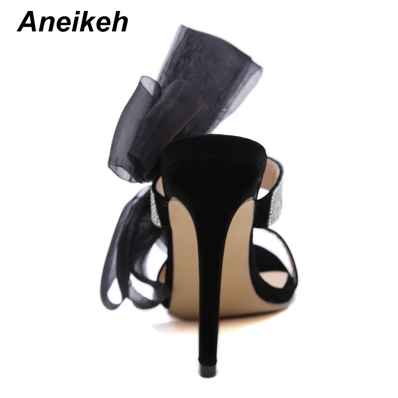 Aneikeh; женские туфли-гладиаторы с бантом; стразы; босоножки на высоком тонком каблуке с открытым носком; летняя обувь для вечеринки; свадебные модельные туфли; босоножки