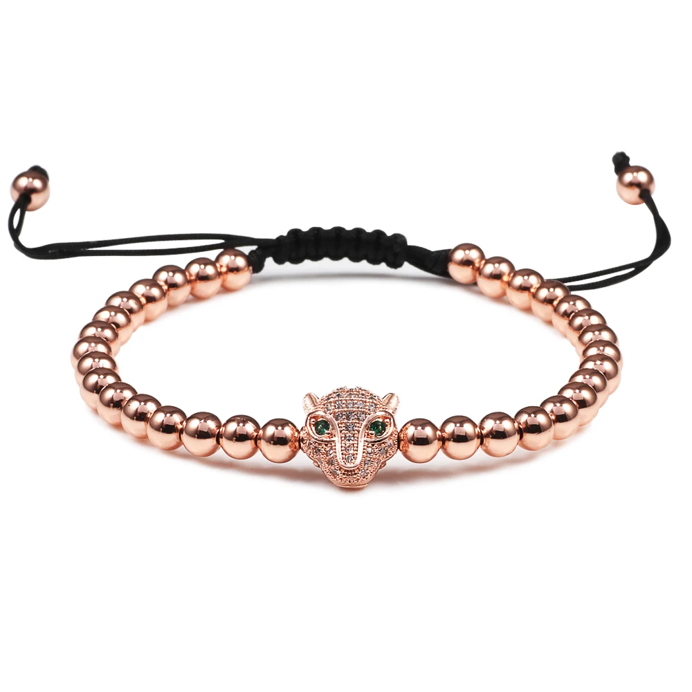 Adjustable Gold Color Micro Pave Bracelets Crystal Copper Ball Beads Leopard head Bracelet Handmade Weave Macrame Male Jewelry