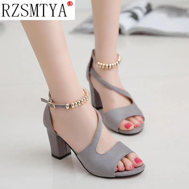 Fashion Women High Heel Sandals Sexy Open Toe Shoes Women Ankle Strap Sandals Metal Beading Thick Heels Footwear Size 42 women high heels platform high heels sandals ankle buckle sandals