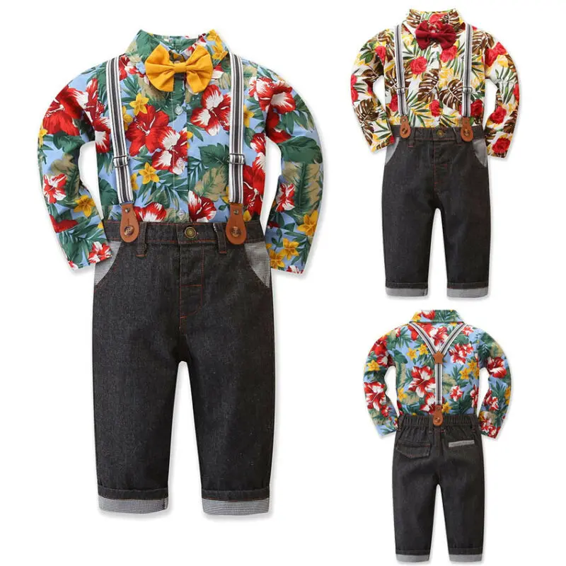 USA Baby Kid Boys Long Sleeve T-shirt+ Bib Pants Overalls Party Clothes Outfit