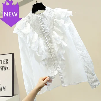 

Shirt Women's Single Breasted Top White Blouse Ladies Party Tops Retro Ruffle Lace Crochet Stand-Collar Stitching Perspective