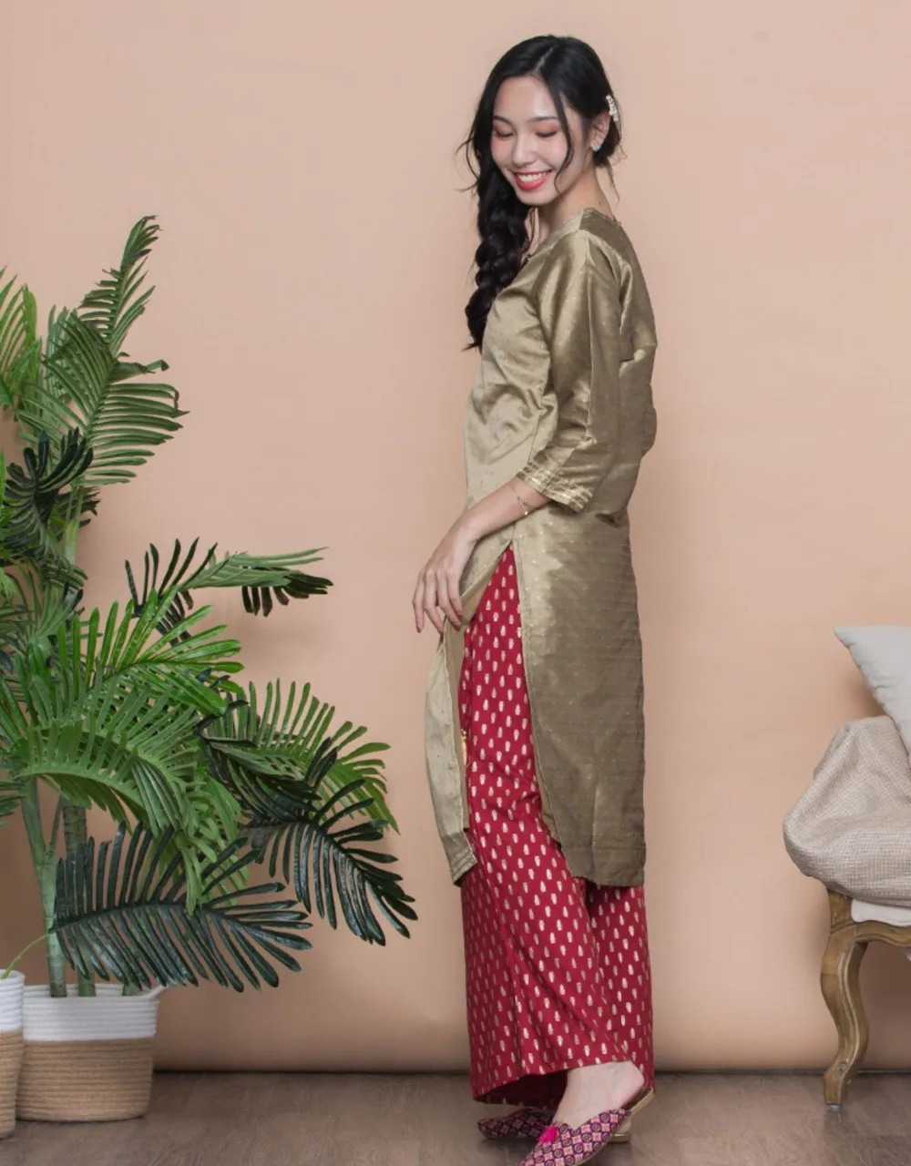 Женские модные комплекты в этническом стиле хлопок Индия Kurtas платье леди три четверти рукав топ брюки