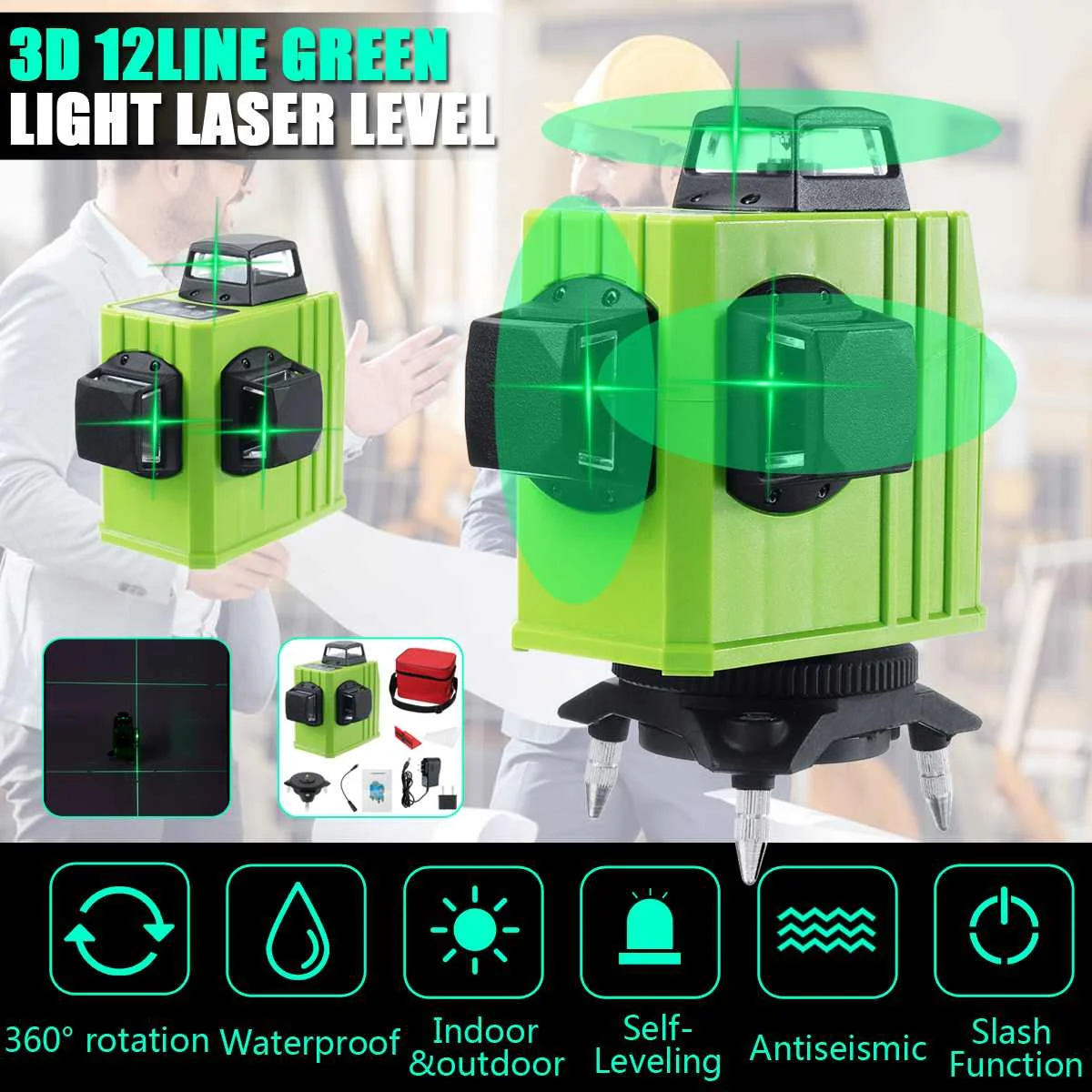 

12 Lines 3D Adjustable Laser Levels 360 Self Leveling Horizontal Vertical Cross Green Laser Waterproof Beam Measuring Equipment