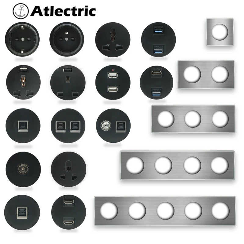 

Atlectric USB Wall Light Socket Black Module Gray brushed panel Frame EU Socket Charger RJ45 HDMI Audio Modules DIY Combination