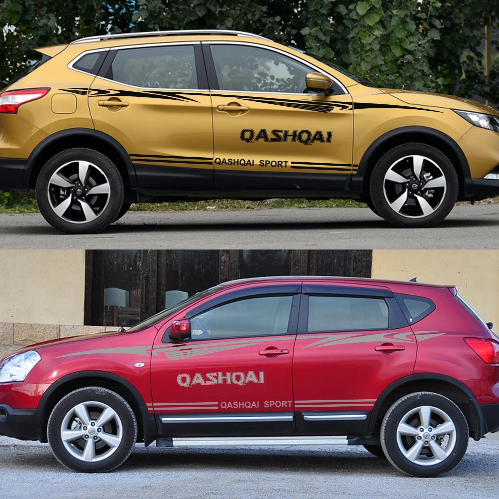 2 шт. Автомобильная наклейка для Nissan Qashqai, виниловая пленка для автомобилей, водостойкая, для спортивного стайлинга, Авто Боковая юбка, наклейка, аксессуары для тюнинга автомобиля