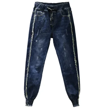 

2020 spring autumn casual elastic high waist jeans women loose harem trousers plus size 26-31