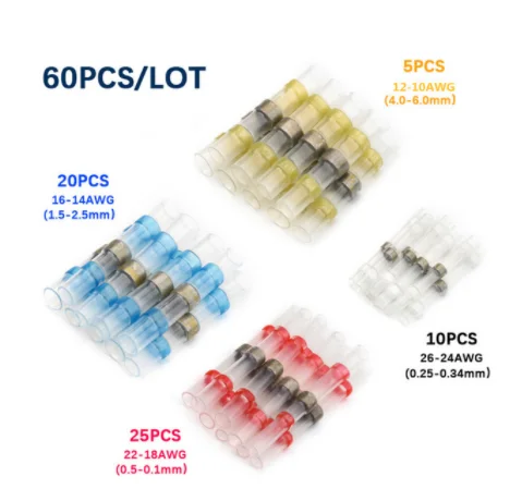 50/100/250PCS Mixed Heat Shrink Connect Terminals Waterproof Solder Sleeve Tube Electrical Wire Insulated Splice Connectors Kit 60PCS Without Box