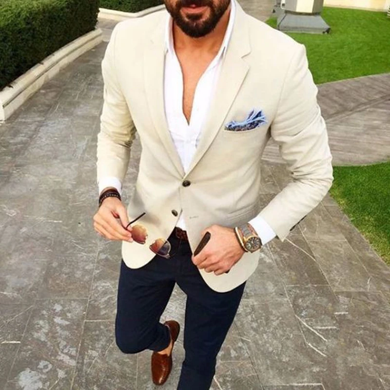 Microcomputer Gunst Onderzoek Beige Blazer Navy Blue Pants Custom Made Men Suit 2 Piece Groom Tuxedos Slim  Fit Mens Wedding Tuxedos Terno Masculino - Suits - AliExpress