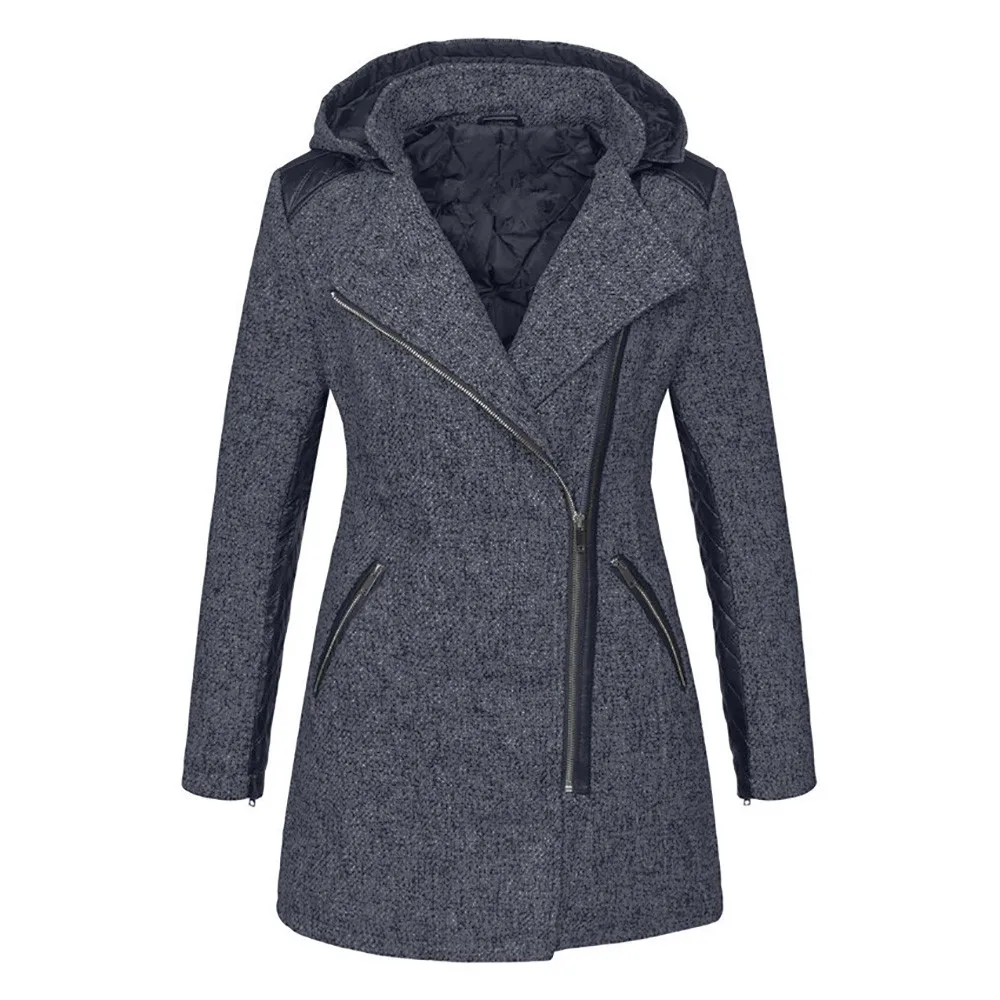 Women Wool Coat Warm Slim Jacket Thick Overcoat Winter Outwear Hooded Zipper Coat Patchwork Hooded Jackets Long Sleeve Coats Top - Цвет: Gray