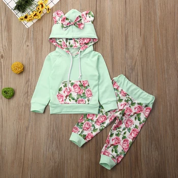 

Pudcoco Newborn Baby Girl Clothes Flower Print Long Sleeve Hooded Tops Long Pants 2Pcs Outfits Cotton Clothes Tracksuit Set