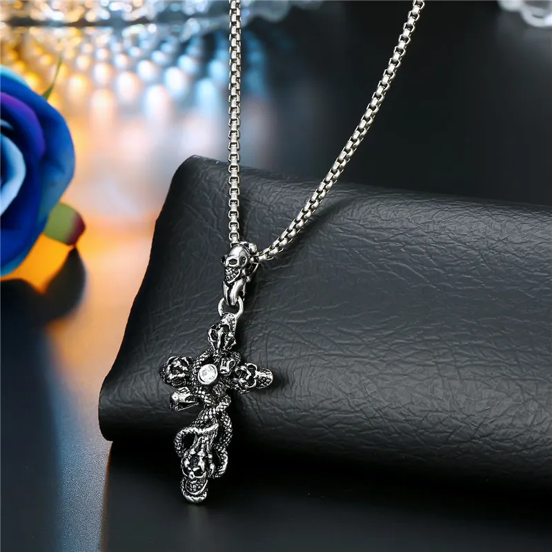 1PC Punk Vintage Metal Rose Cross Skeleton Necklace Personality Gothic Red Zircon Sword Pendant Necklace Women Men Jewelry N70