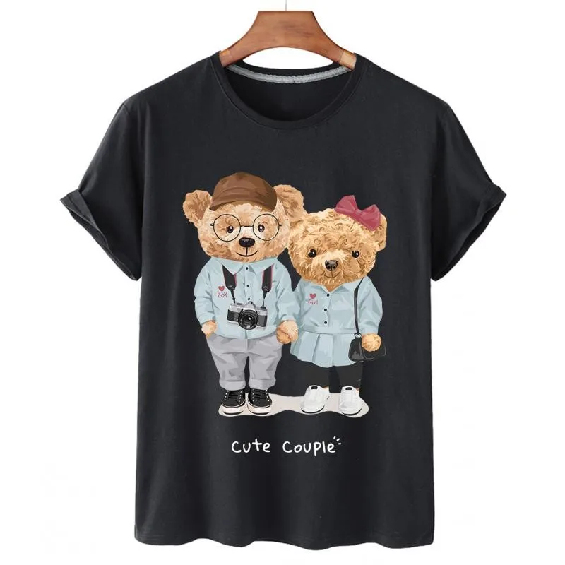 

100% Cotton Couple Bear Print Short-sleeved T-shirt Female Half-sleeved Summer Casual 1 Couple Oversized T-shirt Ladies Shirt