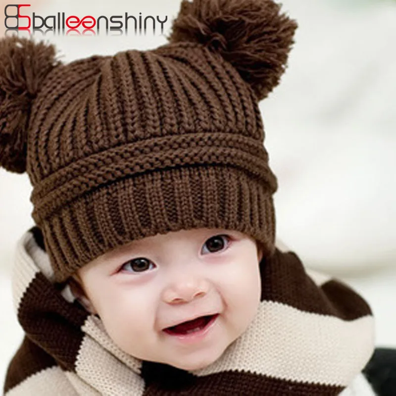 

Balleenshiny Infant Baby Hat Double Ball Monochrome Wool Hat Autumn and Winter Children's Warm Hat Beanie For Cute Boys Girl