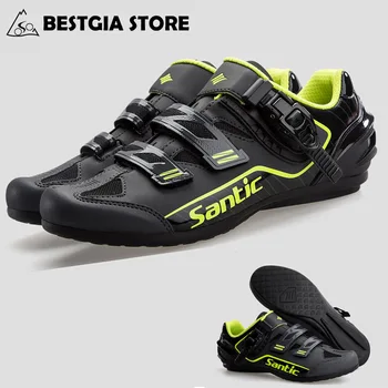 

Santic Men Rubber Cycling Shoes Breathable PU Non-slip Reflective Road Riding Shoes Bike Unlocked Sport Shoe Zapatillas Ciclismo