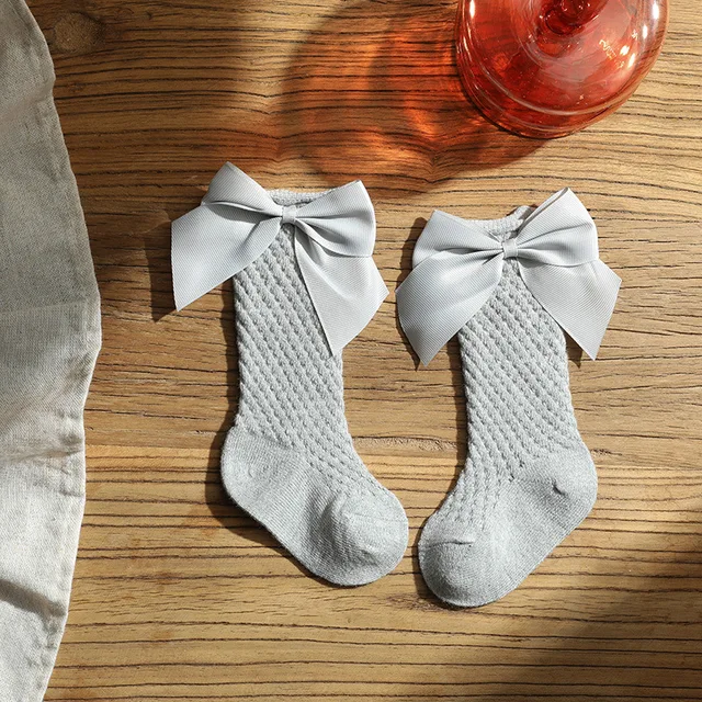 Children Big Bow Socks Kids Girls Princess Toddlers Long Knee High Socks Hollow Out Baby Floor Spanish Pineapple Style Socken Grey