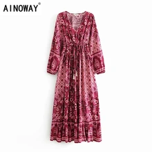 Винтажное шикарное женское богемное пляжное макси-платье с цветочным принтом и эластичной талией, женское летнее платье из вискозы с перекрестным v-образным вырезом vestidos