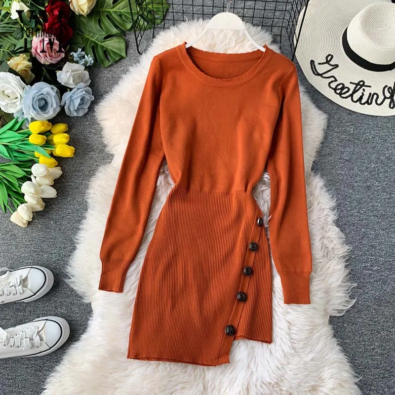 YuooMuoo шикарное женское облегающее платье осень зима Новая Мода боковая пуговица с длинным рукавом Короткое платье вязаное женское черное платье - Цвет: Оранжевый