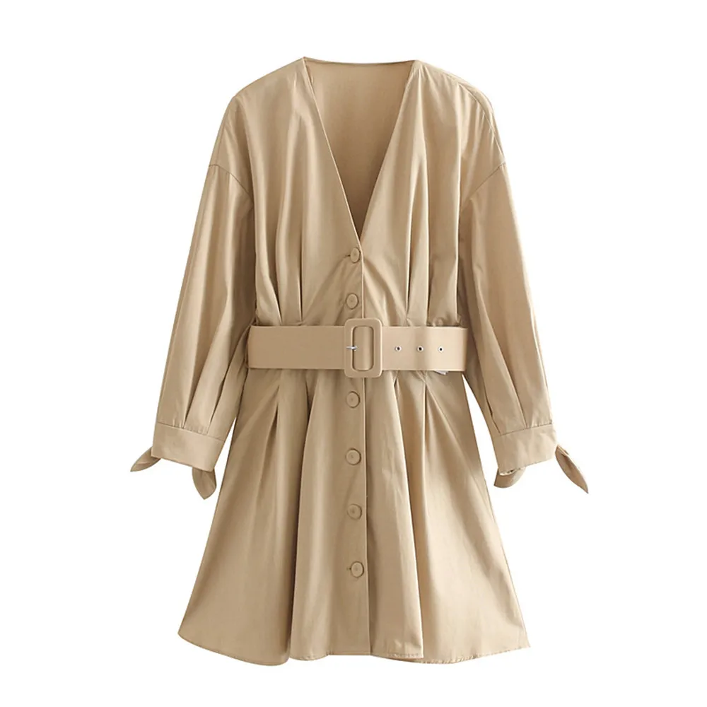 Office Dress Women Elegant Deep V-neck Autumn Vestidos Femme Sexy Female Dresses Sashes Button Ladies Office Dresses Robe Femme