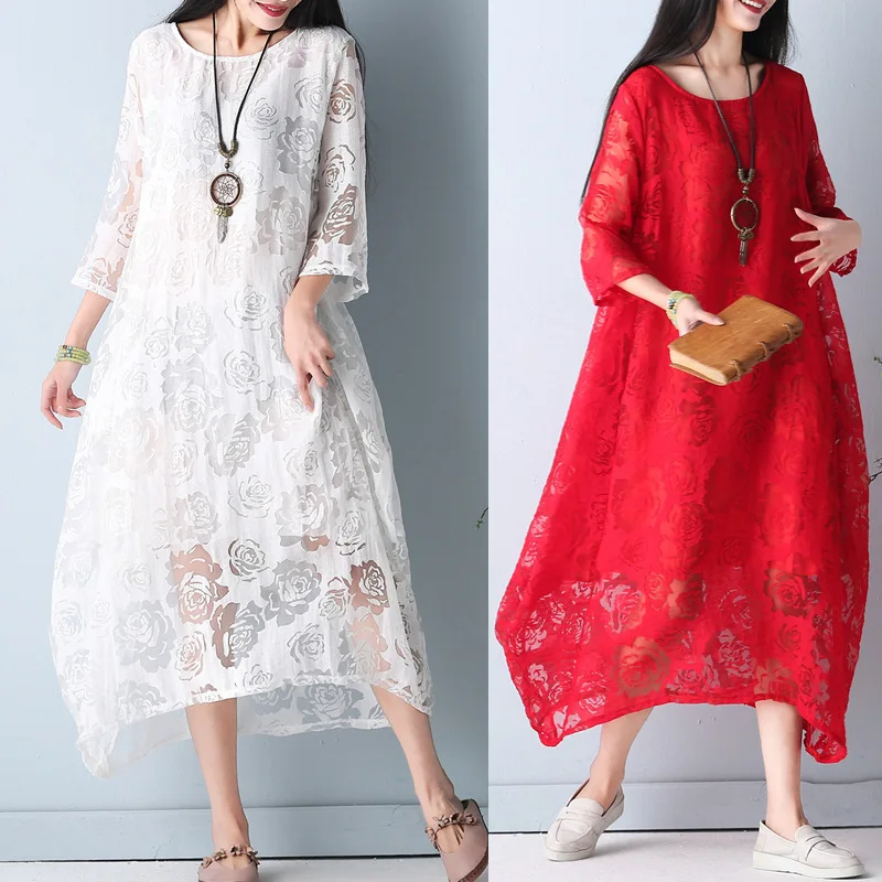 

2019 Spring And Summer New Products Literature And Art Rose Xian Qi Dress Ethnic-Style Large Size Loose Lace Long Skirts