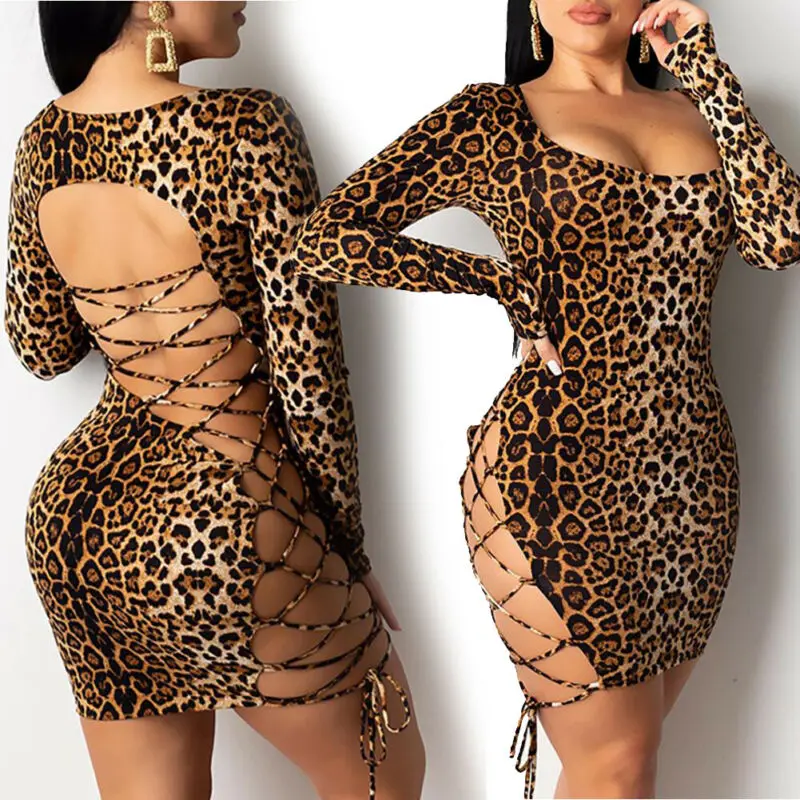 

Sexy Women Cross Bandage Backless Leopard Print Mini Dress Women Long Sleeve Print Party Club Bodycon Dress Femme Vestidos