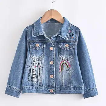 

Keelorn Children's Clothing Teenager Girls New Fashion Coats Cartoon Outerwear Girl Cat Rainbow Embroidery Jackets Jeans Top