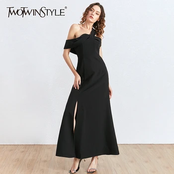 

TWOTWINSTYLE Sexy Asymmetrical Party Dress Women One-shoulder Sleeveless High Waist Side Split Dresses Female Clothing 2020 Tide