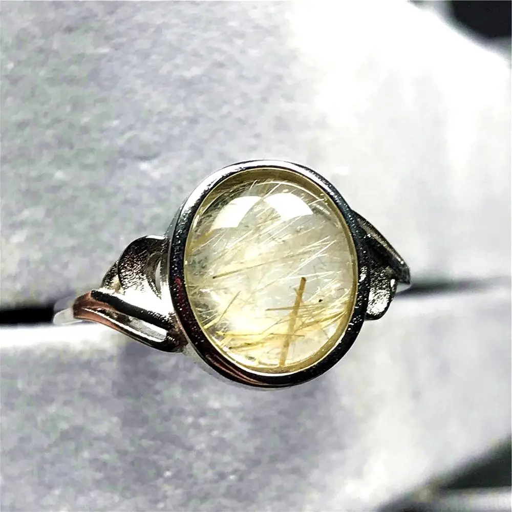 

Top Natural Gold Rutilated Ring For Woman Man Clear Quartz Crystal 12x11mm Oval Beads Silver Stone Adjustable Ring Jewelry AAAAA