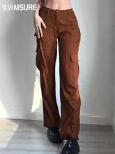 

Iamsure Casual Loose Corduroy Cargo Pants Women 2022 Autumn Spring Solid Basic Mid-Waisted Wide Leg Pants Fashion Streetwear