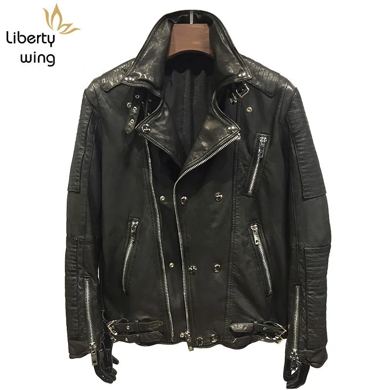 

Luxury Brand Natural Leather Hip Hop Lover Sheepskin Coat Men Classic Vintage Winter Moto Jacket Slim Long Sleeve Outwear