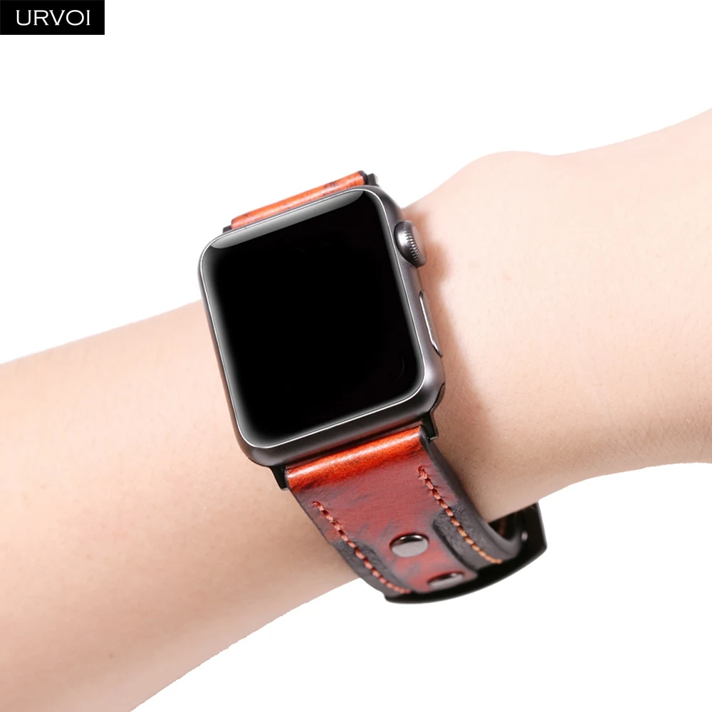 Ремешок URVOI для Apple Watch series 5 4 3 2 1 высококачественный металлический Ретро Кожаный ремешок для iwatch винтажный дизайн 38 40 42 44 мм
