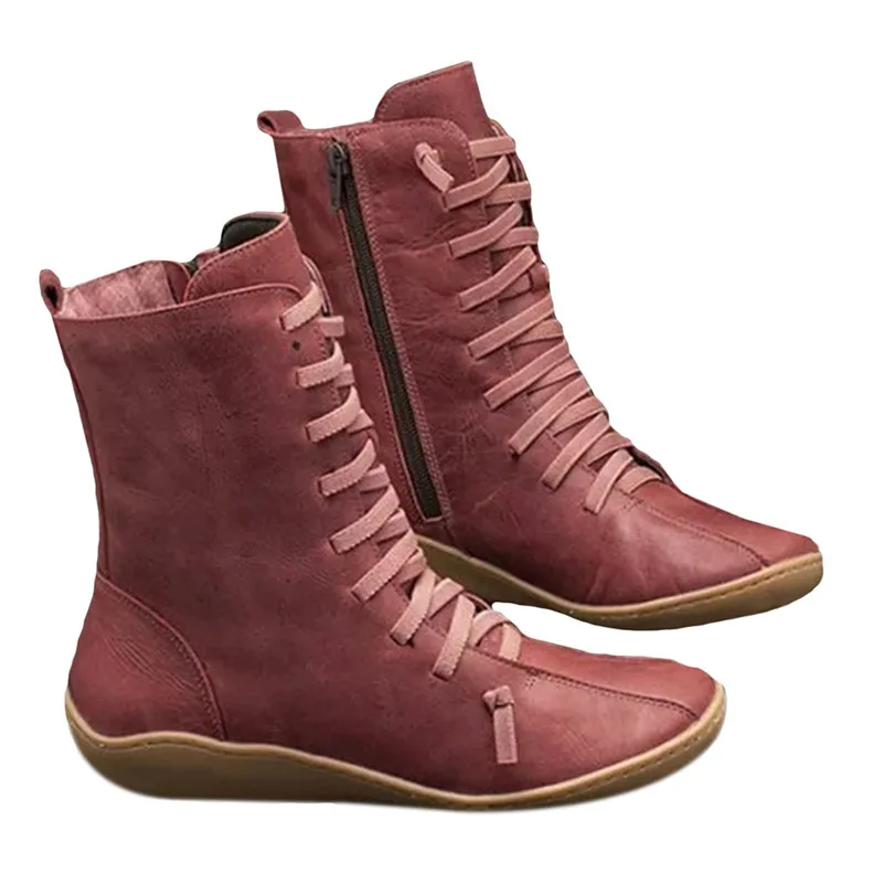 wine red Модные удобные ботинки из мягкой искусственной кожи; обувь на плоской подошве для верховой езды; Черные Ботинки martin; женские осенние повседневные ботинки до середины икры на молнии - Цвет: wine red