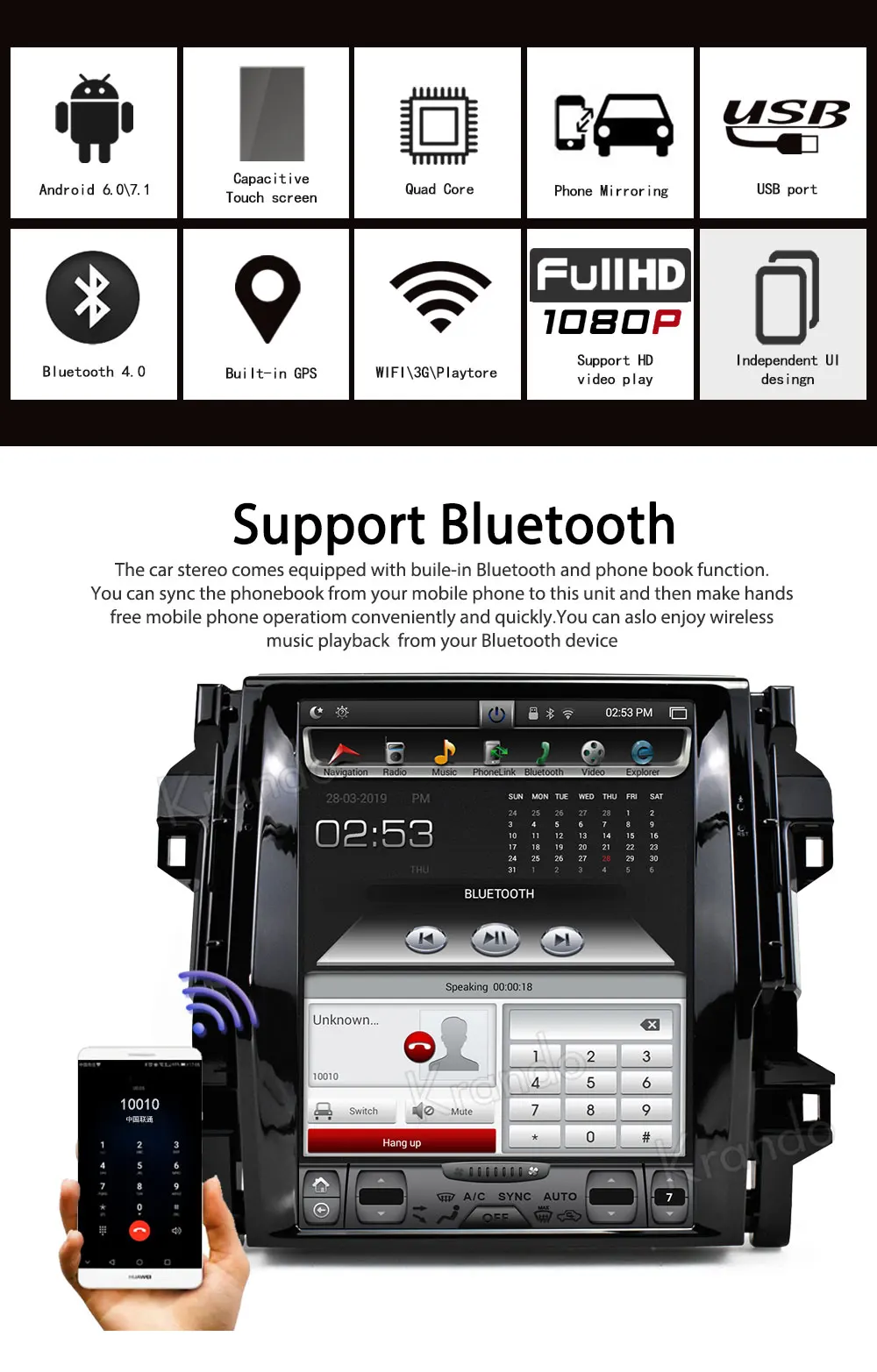 Clearance Krando Android 7.1 12.1" Tesla Vertical touch screen car dvd radio player for Toyota Fortuner 2016+ navigation system bluetooth 1
