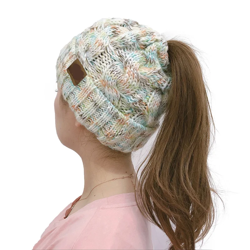 Women Fashion Hat Ponytail Cc Beanies Knitted Female Beanie for Girls Cap Soft Warm Casual Stretch Crochet Messy Bun Holey Hat
