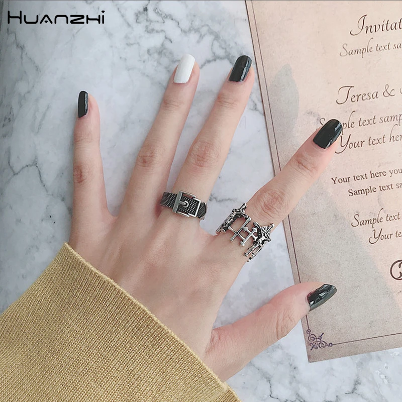 HUANZHI 2020 New Hip Hop Tibetan Silver Irregular Cross Belt Hollow Out Retro Adjustable Opening Ring for Women Men Jewelry | Украшения и