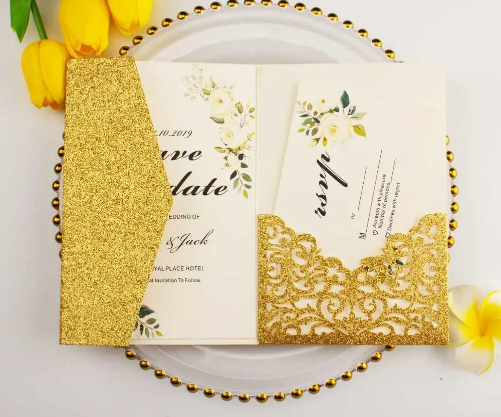 gold glitter 50 шт карманная лазерная резка блестящая Порошковая бумага свадебные пригласительные открытки три сложения карманная карта gatefold обложки для юбилея - Цвет: gold glitter