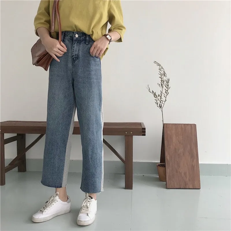 New Autumn Women Straight Pants Casual Loose Patchwork High Waist Jeans Pants Pockets Pocket Hair Edge Denim Trousers