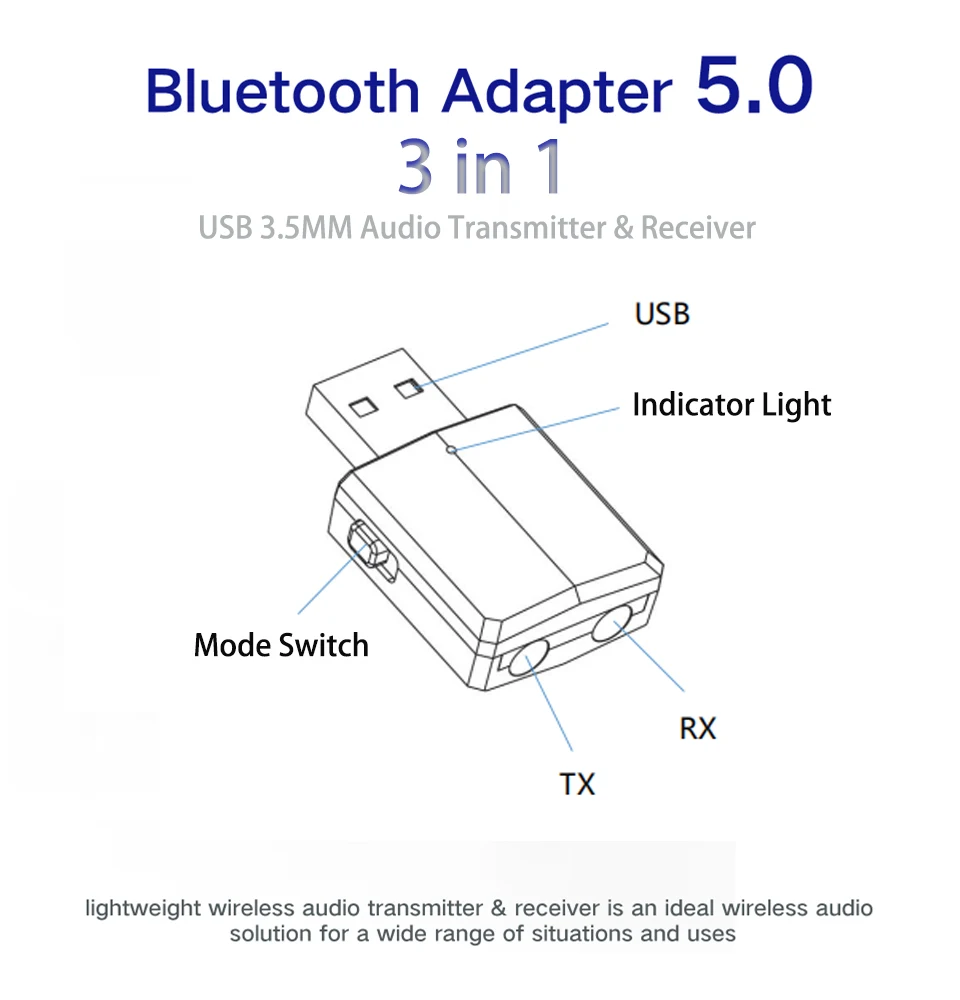 DISOUR 5.0 USB Bluetooth Transmitter Receiver TV Mini 3 IN 1 3.5MM AUX HIFI Stereo Audio Wireless Adapter Dongle For Car Kit PC