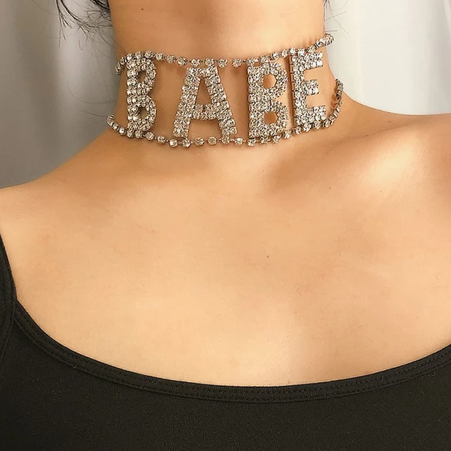 Rhinestone Shiny Choker Necklace For Girls Sexy Punk Letter Night