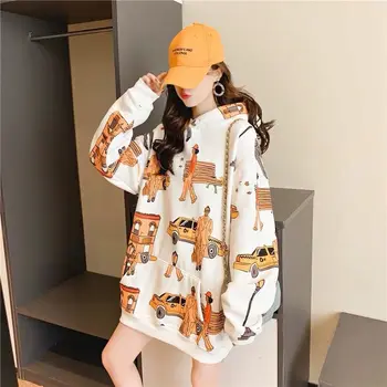 

Korean Version Of Loose Plus Velvet Sweatshirt Women's Hooded Autumn Winter Net Bag White Lazy Street Style Sweatshirt Coat Tide