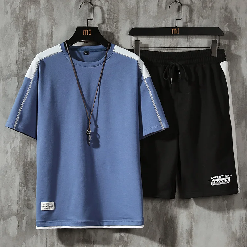 Conjuntos informales de parches lisos para hombre, camiseta de manga corta + Pantalones cortos, chándal de 2 uds, ropa deportiva con cuello redondo, novedad de verano