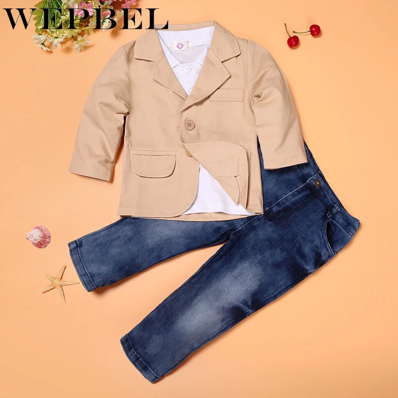 WEPBEL/комплекты детской одежды, Осенние комплекты одежды для маленьких мальчиков, костюм для мальчиков, Детская верхняя одежда, комплект из 3 предметов: пальто+ рубашка+ джинсы