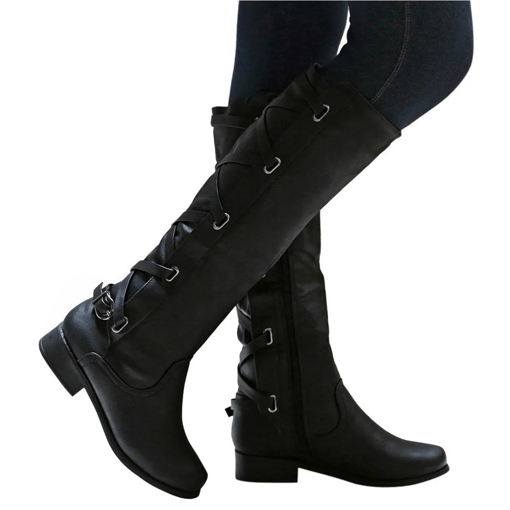 Сапоги женские винтажные зимние теплые сапоги до колена на квадратном каблуке женские сапоги на платформе с круглым носком ботинки больших размеров Botas Mujer