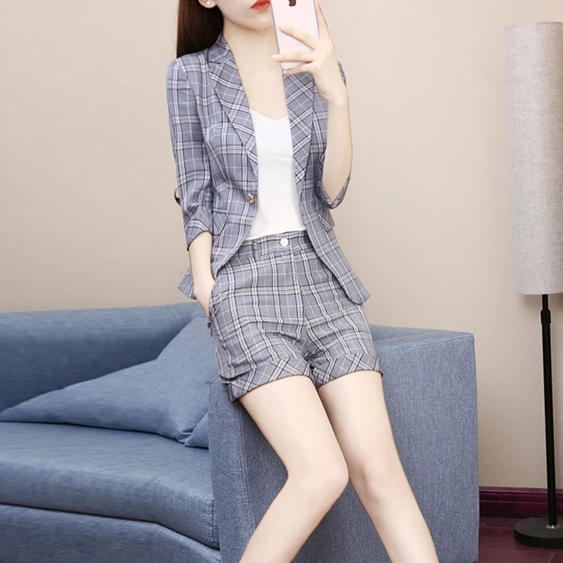 Модный темпераментный клетчатый маленький костюм куртка шорты костюм из двух предметов Женский Летний Стиль Женский комплект 2 шт