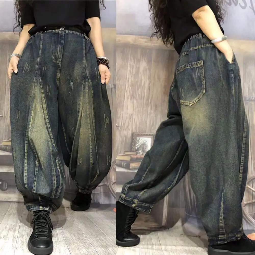 Осенние и зимние новые ретро старые джинсовые широкие брюки для женщин свободные