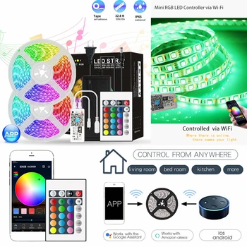 

10m SMD 5050 RGB LED Strip Light Waterproof WiFi+Remote Control DC 12V Flexible Tape Ribbon Lamp for TV Desktop Background Decor