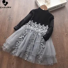 

Spring Autumn 2022 Girls Long Sleeve Knitted Mesh Patchwork Pleated Dresses Kids Baby Girl Fashion Lace Floral Princess Dress