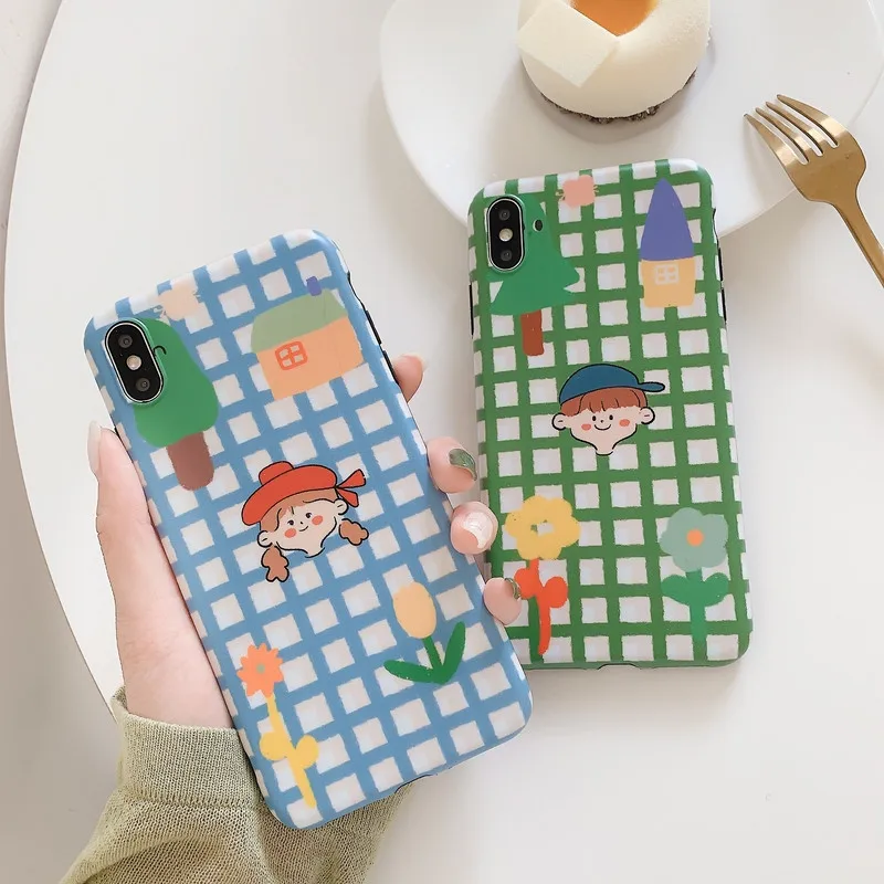 

Couples Cute Phone Cover for Iphone 7 Case Grids Boy&Girl Patterned Cases for Iphone 8Plus X Xr Xs Max 6 6S Plus Case Coque Etui